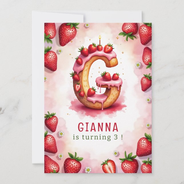 Strawberry Birthday Invite Letter G Cake Design (Front)