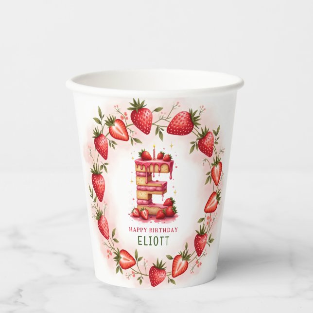Strawberry Birthday Paper Cup Letter E Cake (Front)