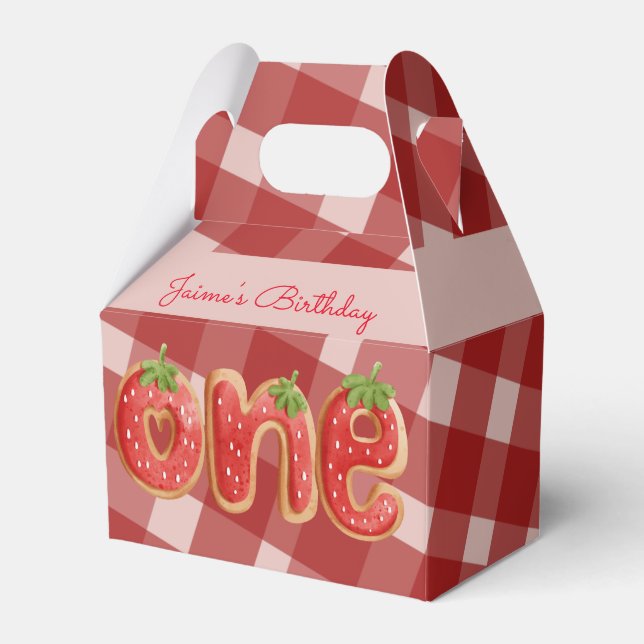 Strawberry Birthday Party Cookies Plaid Favor Box (Front Side)