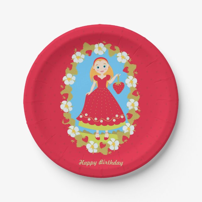 Strawberry Birthday Party Girl Paper Plate (Front)