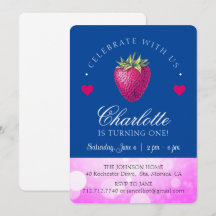 Strawberry Birthday Party Girl Pink and Dark Blue