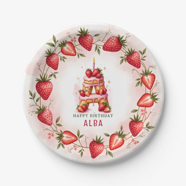 Strawberry Birthday Plate Letter A Cake Design (Front)