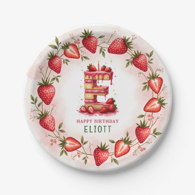 Strawberry Birthday Plate Letter E Cake Design (Front)