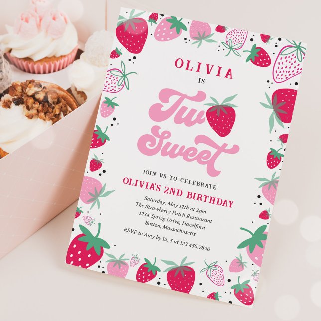 Strawberry Birthday Two Sweet Berry Birthday Party Invitation (Creator Uploaded)