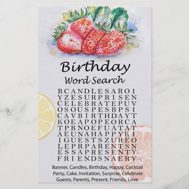 Strawberry Birthday Word Scramble Game (Front)