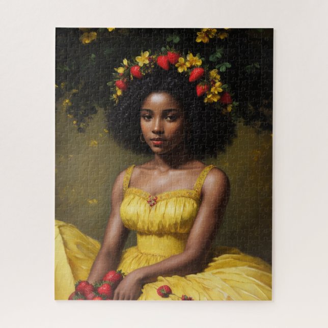 Strawberry Black Woman in Yellow Dress Summer Art Jigsaw Puzzle (Vertical)