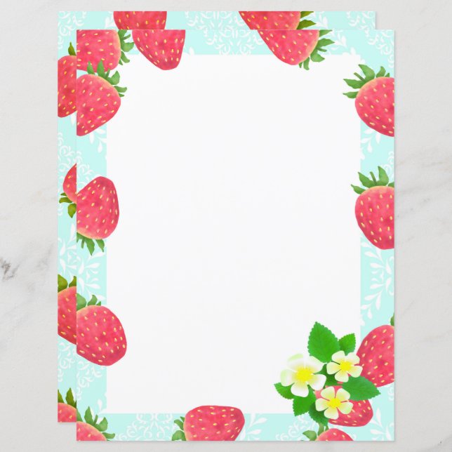 Strawberry Blank Blue Stationery Paper (Front/Back)