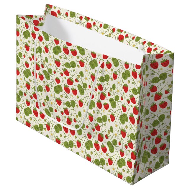 Strawberry Blossoms and Berries Pattern Large Gift Bag (Front Angled)