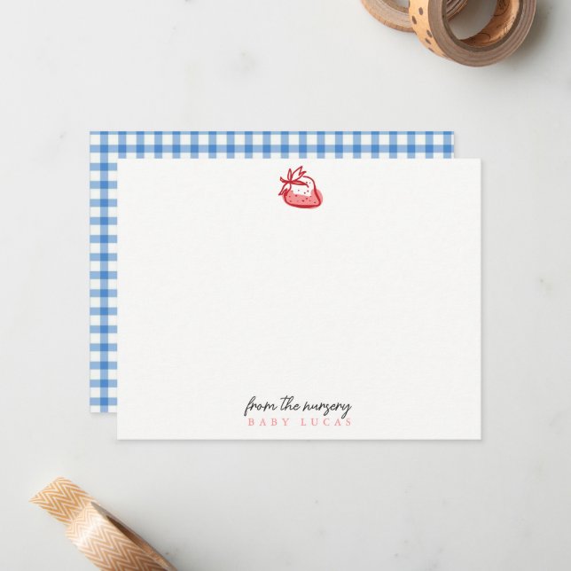 Strawberry blue gingham Cute Nursery Note Card (Front/Back In Situ)