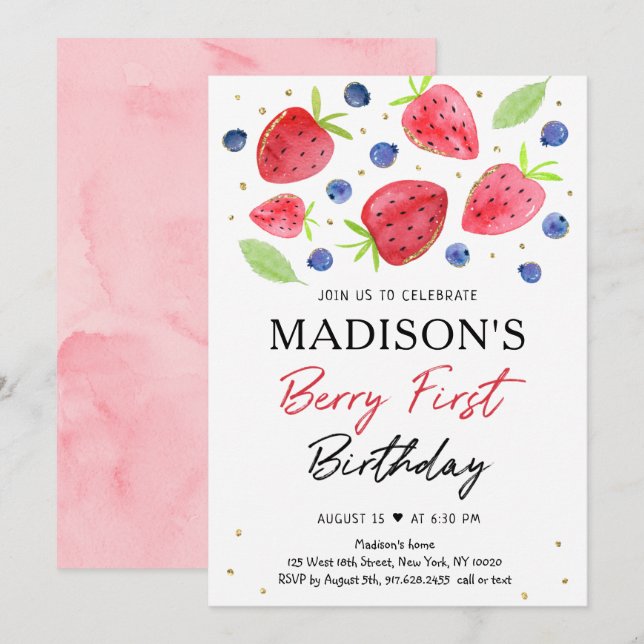 Strawberry Blueberry Berry First Birthday Invitation (Front/Back)