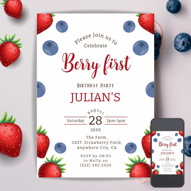 Strawberry & Blueberry Girl First Berry Birthday  Invitation (Creator Uploaded)