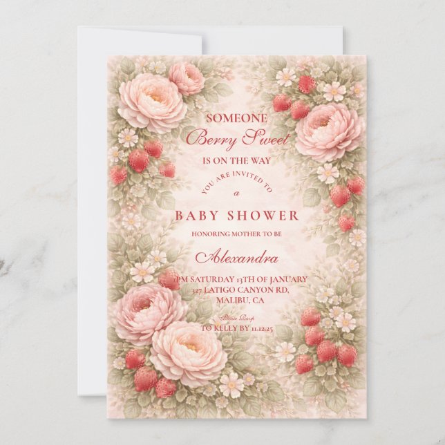 Strawberry Blush Floral Baby Shower Invitation (Front)