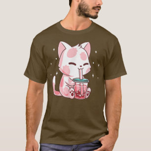Strawberry Boba Cat Drinking Boba Kitten Kawaii Ja T-Shirt