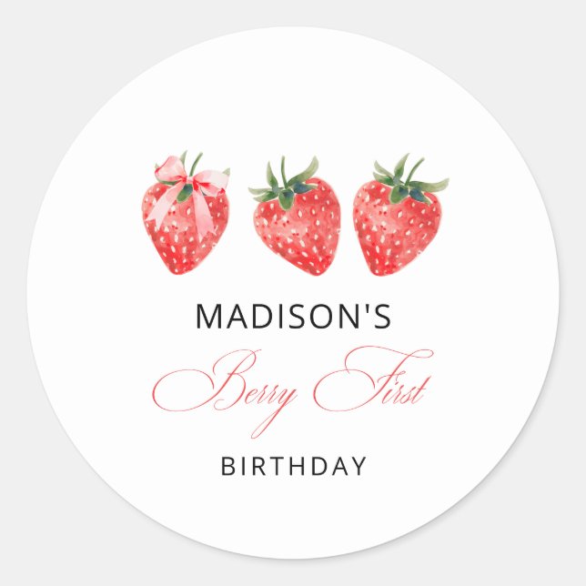 Strawberry Bow 1st Birthday  Classic Round Sticker (Front)