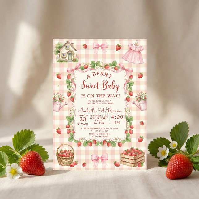 Strawberry bow baby shower First Berry Sweet Invitation (Creator Uploaded)