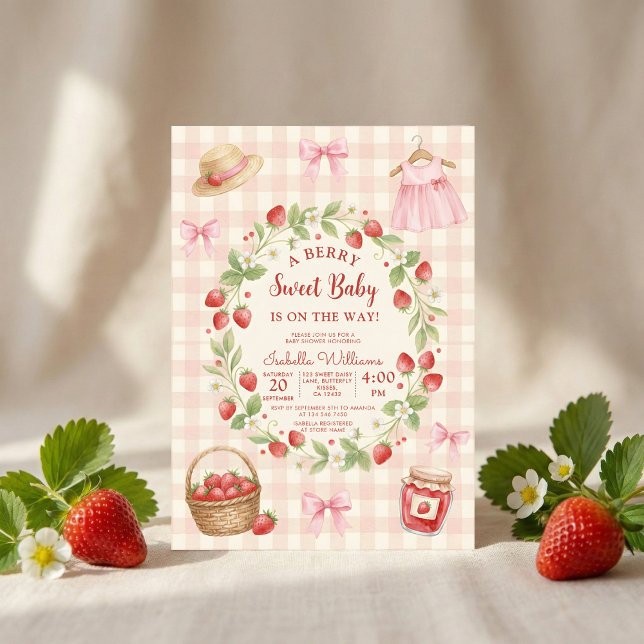 Strawberry bow baby shower First Berry Sweet Invitation (Creator Uploaded)