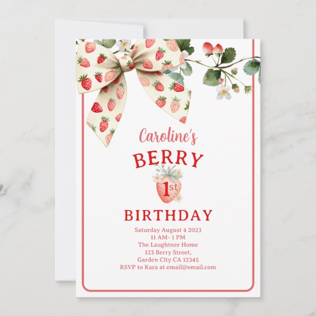 Strawberry Bow Girls First Birthday Invitation (Front)