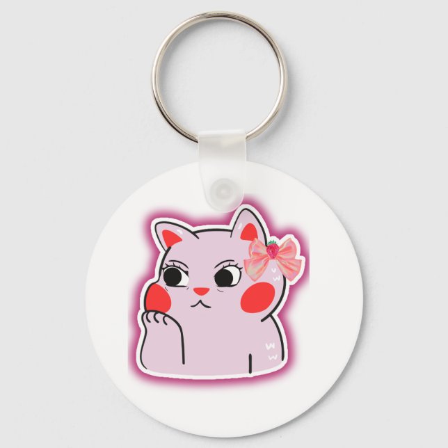 Strawberry Bow Pink Kitty – Cute Cartoon Design fo Keychain (Front)