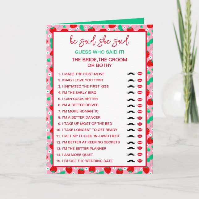 Strawberry Bride or Groom Guess Who Said it Game Card (Front)