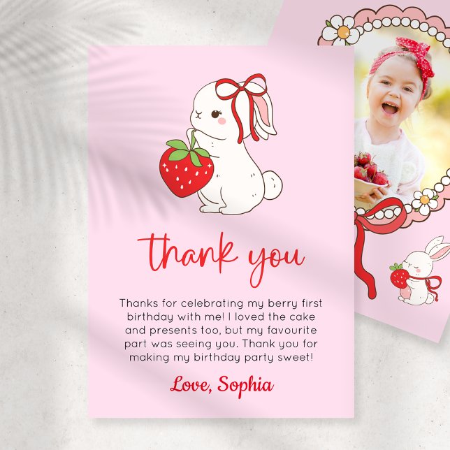 Strawberry Bunny Birthday Photo Thank You Card (Creator Uploaded)