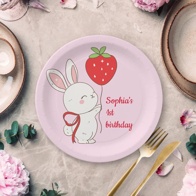 Strawberry Bunny Birthday Pink Paper Plate (Creator Uploaded)