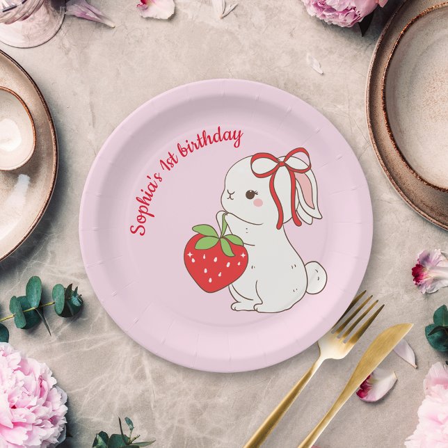 Strawberry Bunny Pink Birthday Paper Plate (Creator Uploaded)