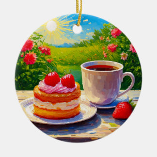 Strawberry Cake and Coffee Delight Ceramic Ornament
