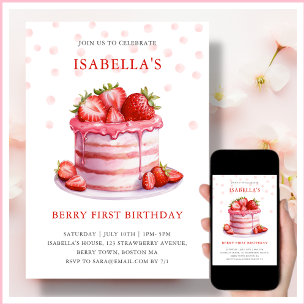 Strawberry Cake   Berry First Birthday Invitation