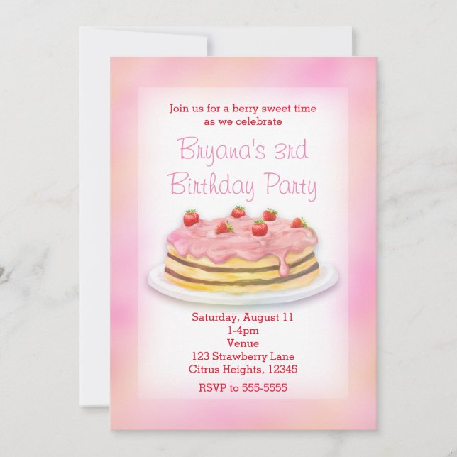 Strawberry Cake Birthday Party Invitations (Front)