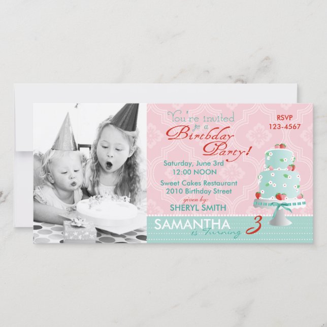 Strawberry Cake Invitation Photo Card (Front)