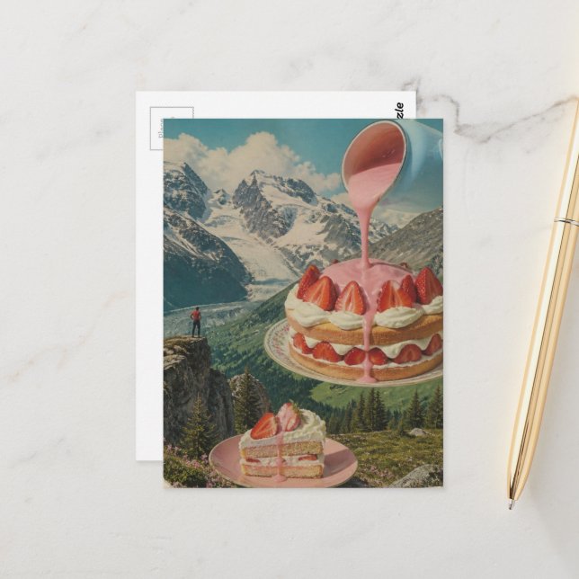 Strawberry Cake Mountain Surreal Retro Art Postcard (Front/Back In Situ)