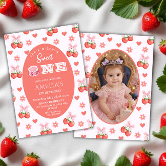 Strawberry & Cherry Floral 1st Birthday with photo Invitation