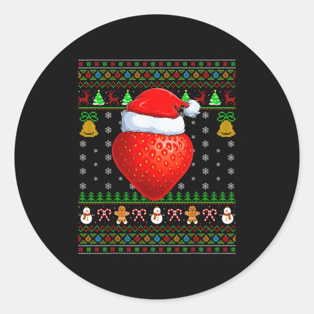 Strawberry Christmas Lights Funny Santa Ugly Sweat Classic Round Sticker (Front)