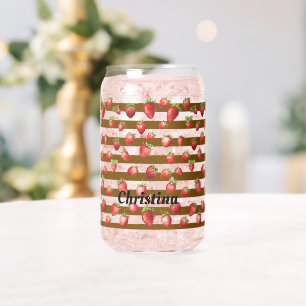 Strawberry Cocoa Stripes Personalize Can Glass