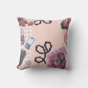 Strawberry Collage Aesthetic–Cute Pastel Vintage Throw Pillow