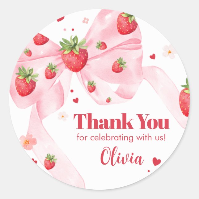 Strawberry Coquette Birthday Party Classic Round Sticker (Front)