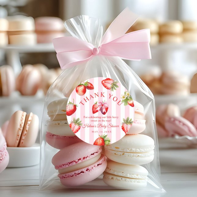 Strawberry Coquette Bow Baby Shower Favor Gift Classic Round Sticker (Cute Strawberries Baby Shower Thank you gift stickers)