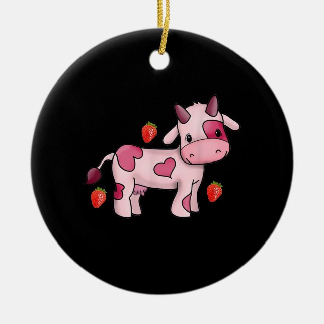 Strawberry Cow Cute Pink Cow Ceramic Ornament (Front)