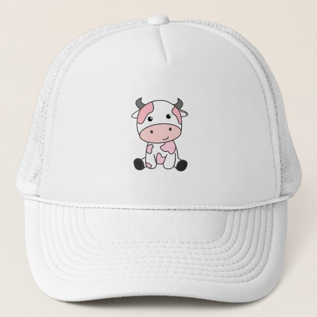 Strawberry Cow Cute Pink Strawberry Cow Kawaii Trucker Hat (Front)