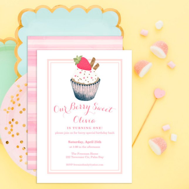 Strawberry Cupcake 1st Birthday Invitation – Prett (Creator Uploaded)