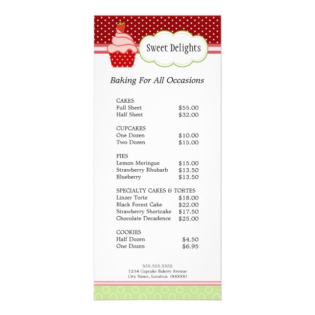 Strawberry Cupcake Bakery Menu Price List (Front)