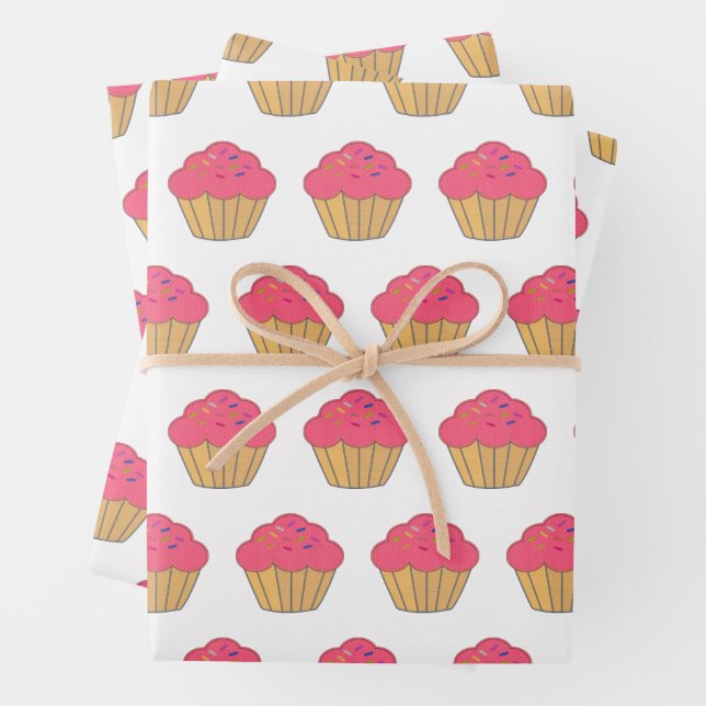 Strawberry Cupcake Faux Embroidery Print Wrapping Paper Sheet (In situ)