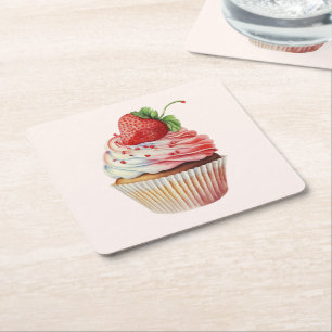 Strawberry Cupcake Sweet Dessert Square Paper Coaster