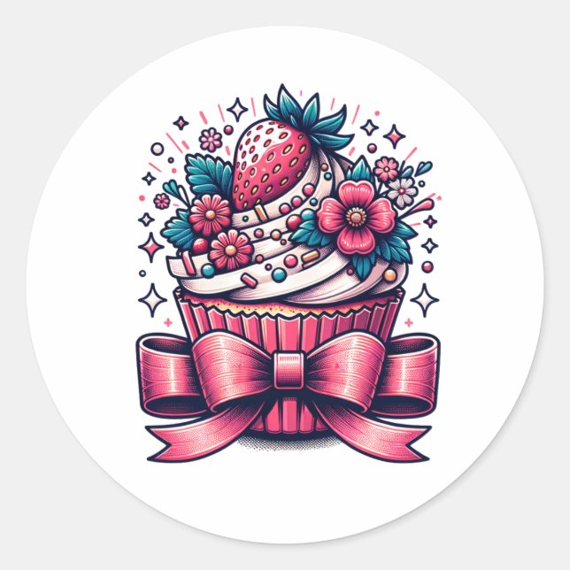 Strawberry Cupcake Whimsical Classic Round Sticker (Front)