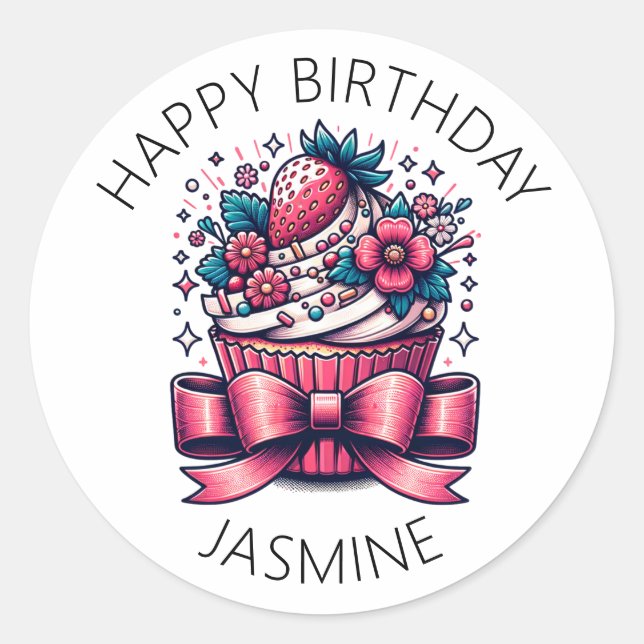 Strawberry Cupcake Whimsical Personalized Classic Round Sticker (Front)