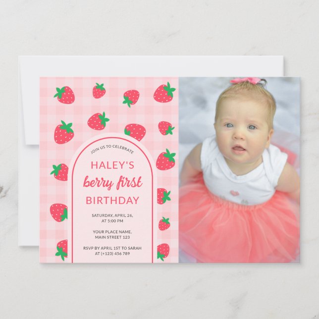 Strawberry Cute Berry First 1st Birthday Photo Invitation (Front)