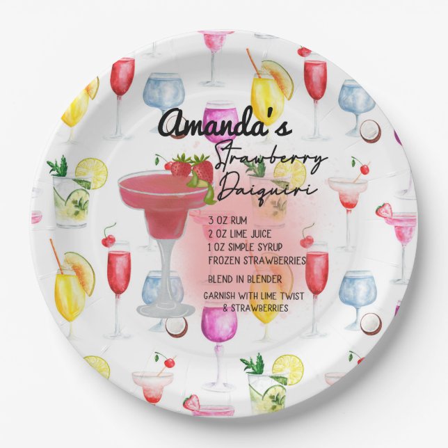 Strawberry Daiquiri Recipe Personalized   Paper Plate (Front)