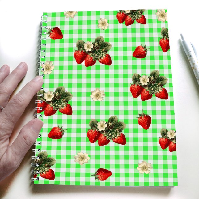 Strawberry design on green gingham simple notebook (Creator Uploaded)