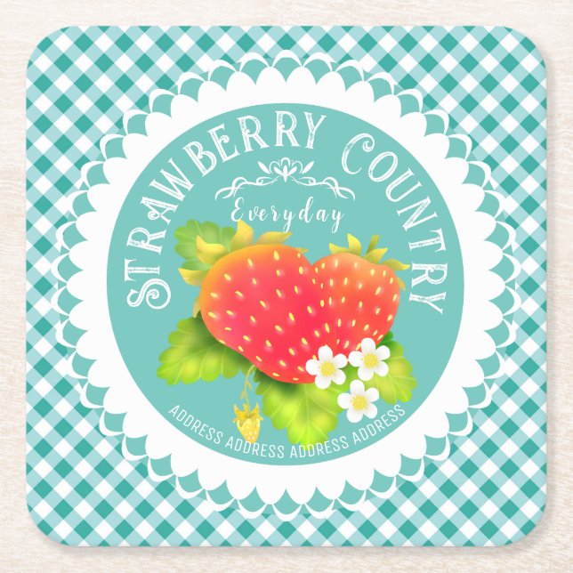 Strawberry Doilies Teal Gingham Square Paper Coaster (Front)