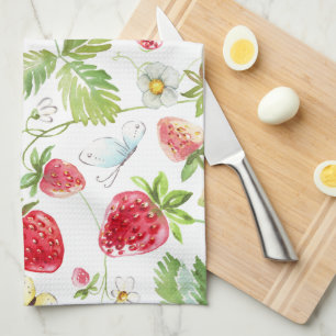 Strawberry Dragonfly Butterfly White Flower Floral Kitchen Towel